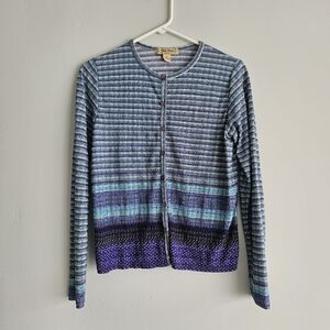 Striped Blue Cardigan Sweater Teal Slinky Cover Up Womens Small